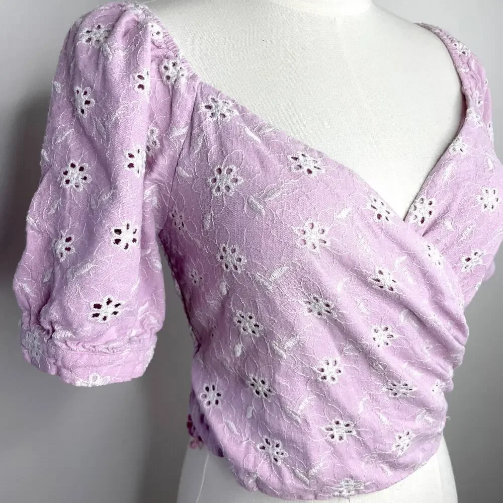 Astr Puff Sleeve Cropped Wrap Top Small Eyelet Ruched Cottage Milkmaid Linen